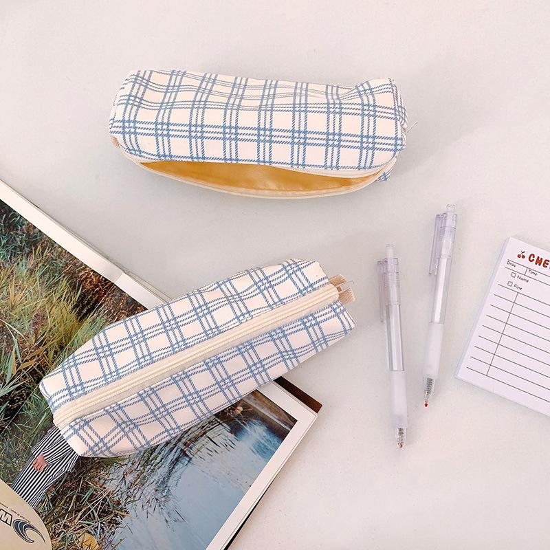 1pcs Student Zipper Pencil Bags Large Capacity Canvas Simplicity Checkered School Stationery Boxes Pencil Case Stationery Bag