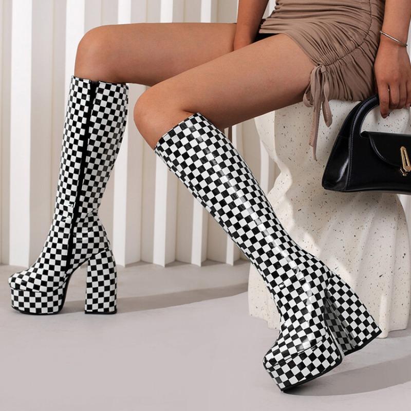Fashion Women's Boots Winter Fashion Zebra Print Wedding Catwalk Sexy Thick Heel Knee-high Boots Pattern Leather Zipper Motorcycle Boots