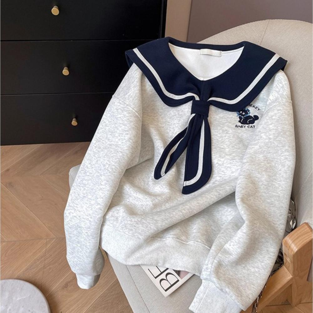 Дизайн большого размера, вдохновленный вышивкой, щенок, темно-синий ошейник, лонгслив, женский свободный топ, весна-осень