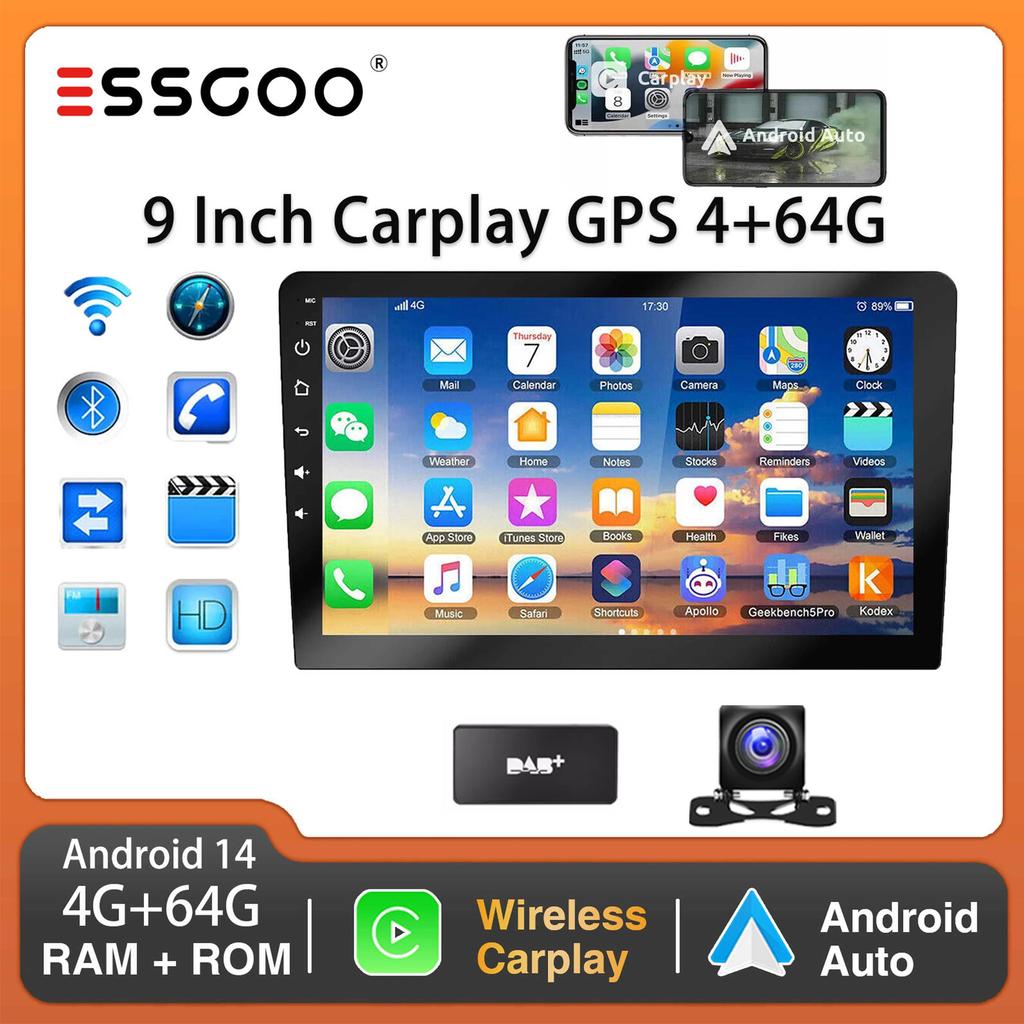 9-дюймовый 2 DIN автомобильный стерео радиоприемник Wirless Carplay Android Auto Car Stereo Bluetooth 64G GPS навигация RDS WiFi USB FM DAB+CAM