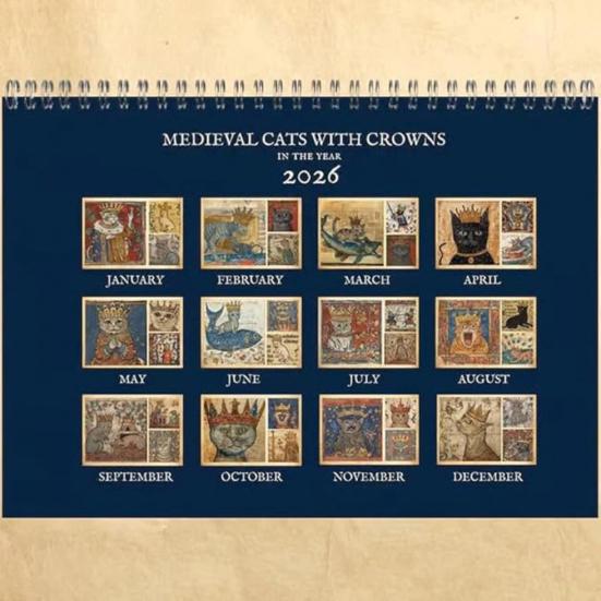 2026 Medieval Cat Calendar with Crowns Whimsical Art Monthly Wall Calendar Unique Gift for Cat Lovers
