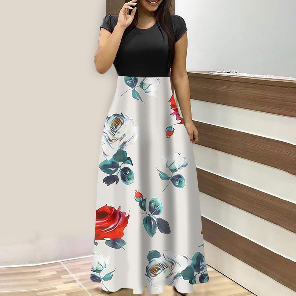 Women's Fashion Casual Loose Printed Round Neck Short Sleeve Long Dresses