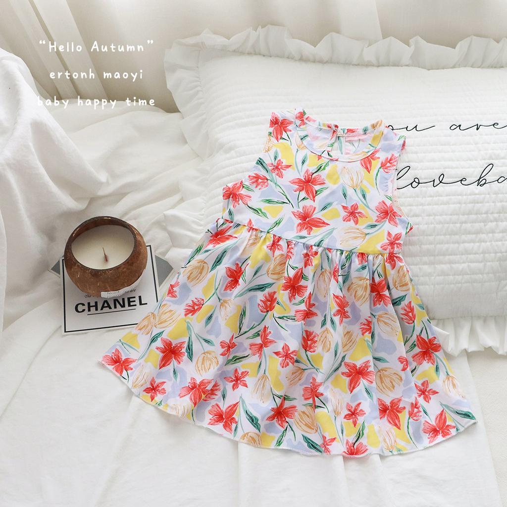 Новое летнее платье без рукавов с цветочным принтом для девочек ясельного возраста, милое дышащее свободное покрой легкое повседневное платье