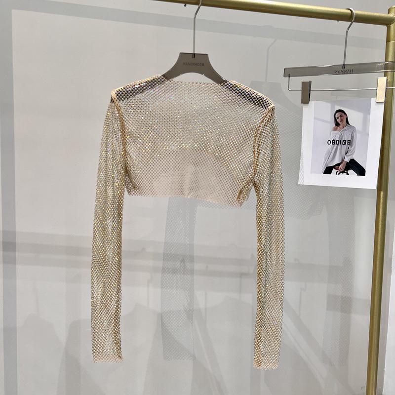 Блестящий сетчатый ромбовидный солнцезащитный топ с длинными рукавами для вечеринки