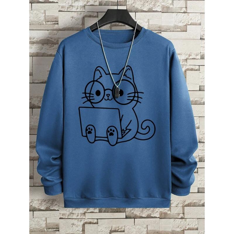 Мужская толстовка с принтом «Джентльмен Кот на работе» в стиле хип-хоп, свободная толстовка с капюшоном, осенняя толстовка с капюшоном, модный уличный свитер с круглым вырезом и длинными рукавами для мужчин