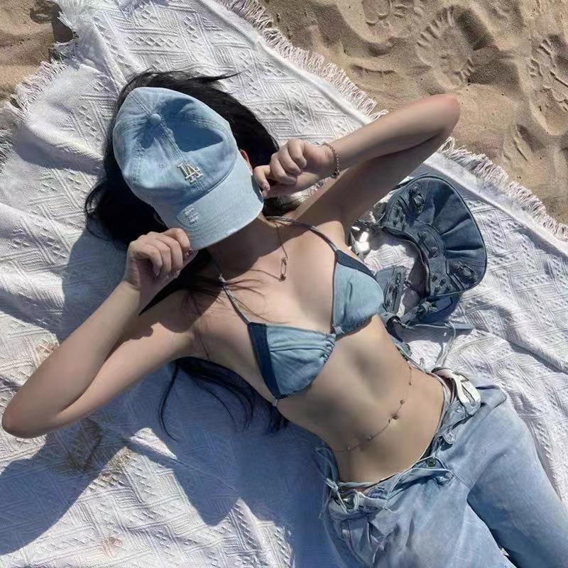 Internet celebrity denim bikini neck strap swimsuit women's vacation sweet and spicy overalls with high-end swimsuit