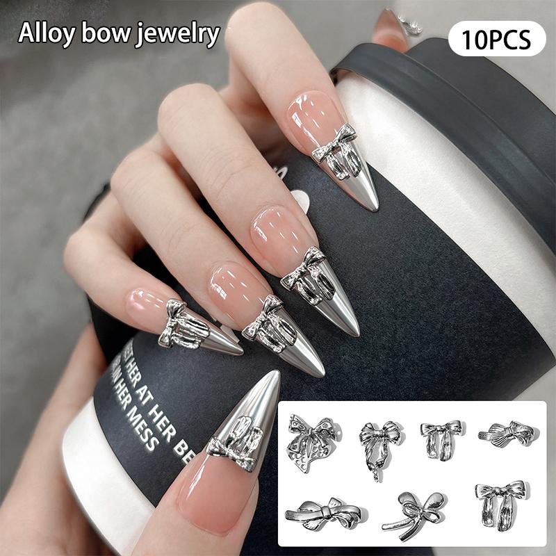 10 шт. глянцевая серебряная лента для дизайна ногтей 3D банты из металлического сплава шелковая лента для украшения ногтей Diy ретро металлические аксессуары для ногтей