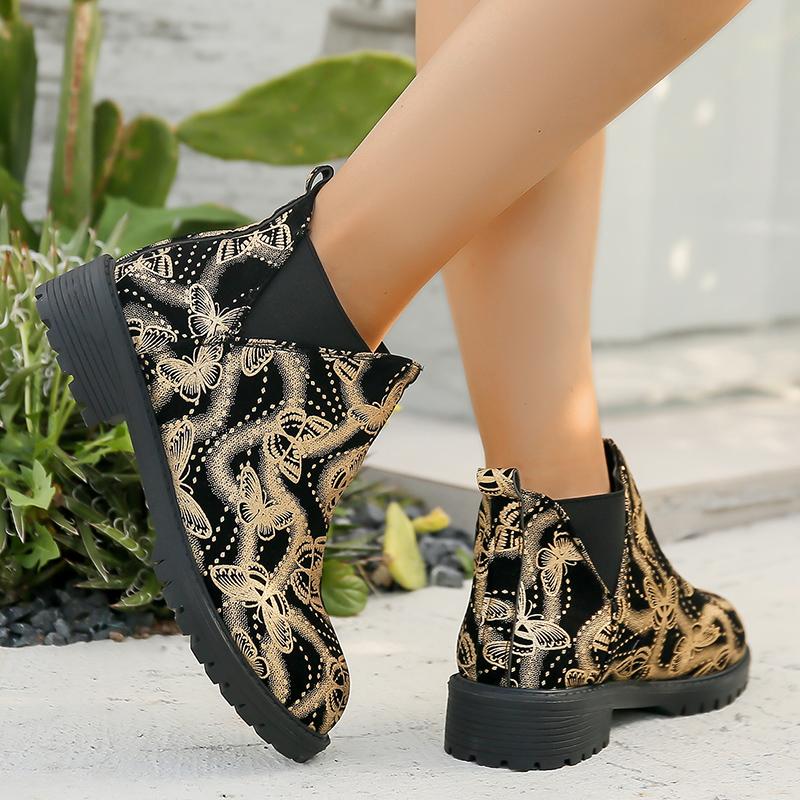 Lucyever Серебряные Ботильоны с принтом бабочек на платформе Женские Ботинки-челси на низком каблуке Большие размеры Женские Осенние Короткие Ботильоны без застежек