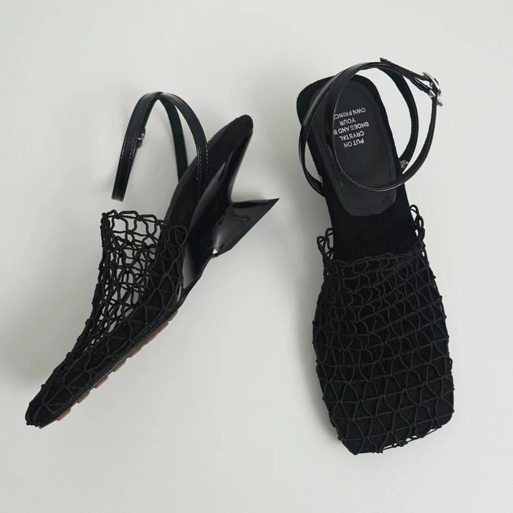 Плетеные сетчатые женские босоножки на каблуке, туфли с полым высоким каблуком, женские с квадратным носком, с ремешком сзади, летний тренд 2025, пляжные туфли-лодочки, Sandalias Mujer