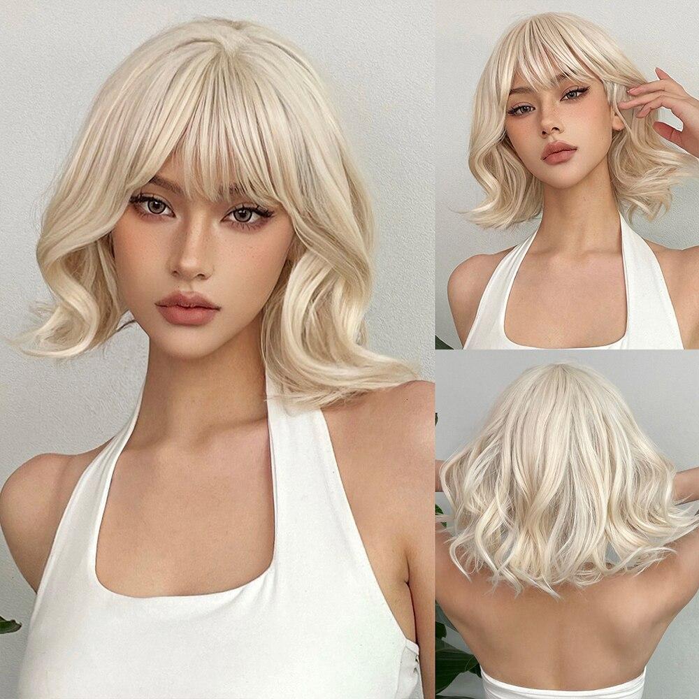 ALAN EATON Ombre Platinum Blonde Bob Wig Короткие вьющиеся синтетические парики с челкой для белых женщин Косплей Ежедневное использование Вечерние накладные волосы
