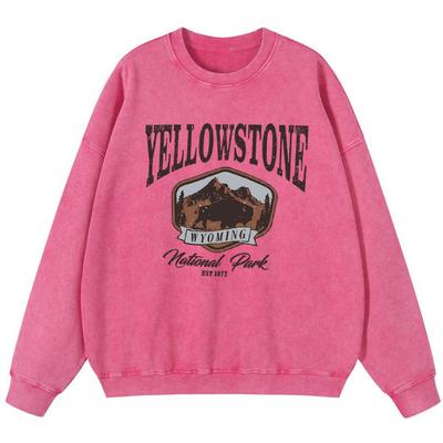 Хлопковый свитшот Yellowstone Park Printing для женщин, винтажный, выстиранный, тонкий, с круглым вырезом, винтажный оверсайз, с капюшоном