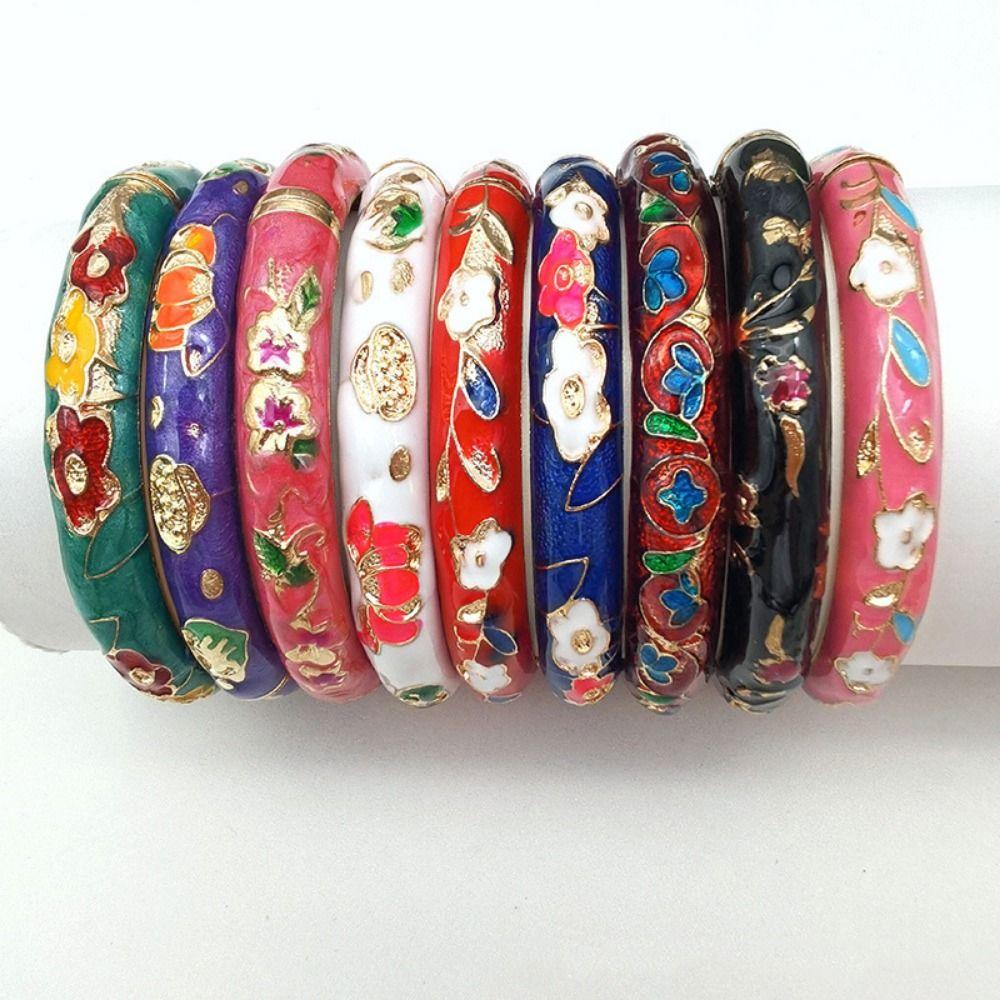 Traditional Peony Filigree Flower Bangle Enamel Women's Hand Bracelet Gifts for Women Girl