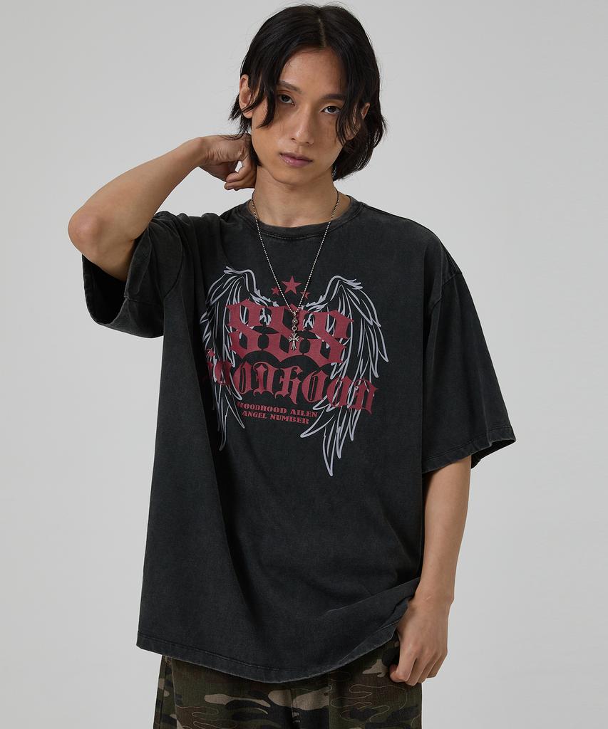HOODHOOD 888 Angel Graphic Washed Short Sleeve T-Shirt Black