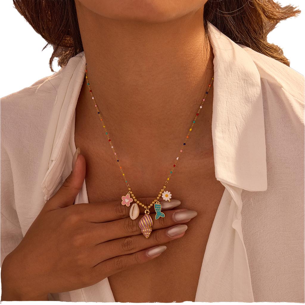 Women's Christian Summer Beach 18K Gold Plated Stainless Steel Charm Necklace-Fashion Colored Bead Conch Fish Tail Shell Link