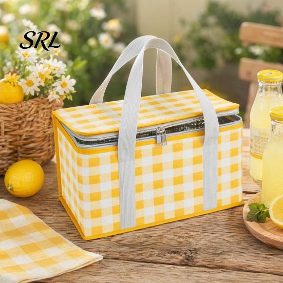 Portable Picnic Basket Insulated Bag, Foldable Thermal Lunch for Outdoor, Heavy Wear-resistant Duty Aluminum Foil Cooler Food, Camping Accessory Plaid