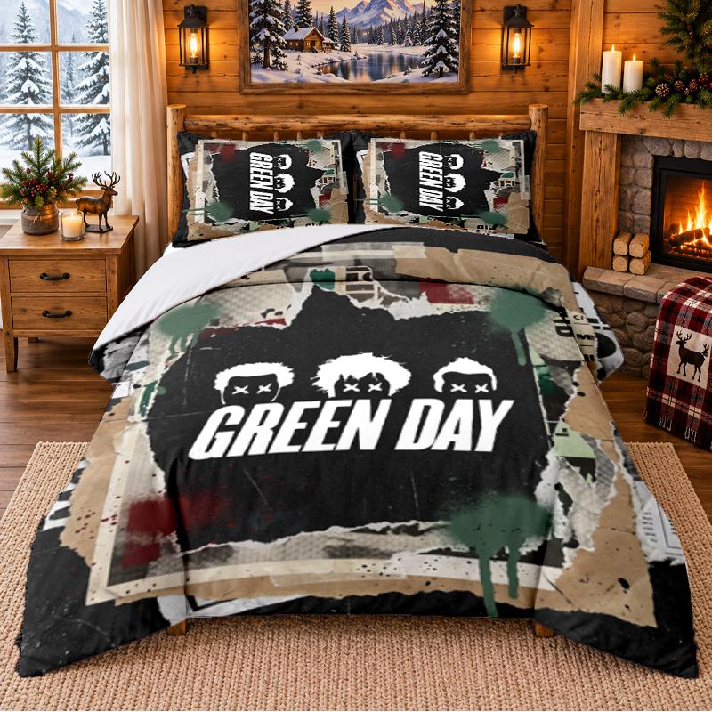Printed 3Pcs Bedding Set Green Day Pattern Bed Sheet Pillowcase For Bedroom Decor