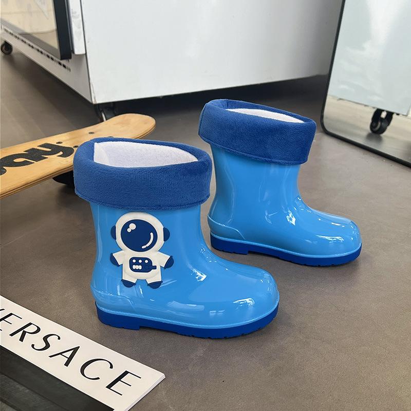 Детские дождевики для мальчиков, астронавтов, резиновые сапоги, флисовые, нескользящие, для детей среднего и старшего возраста, водонепроницаемая обувь