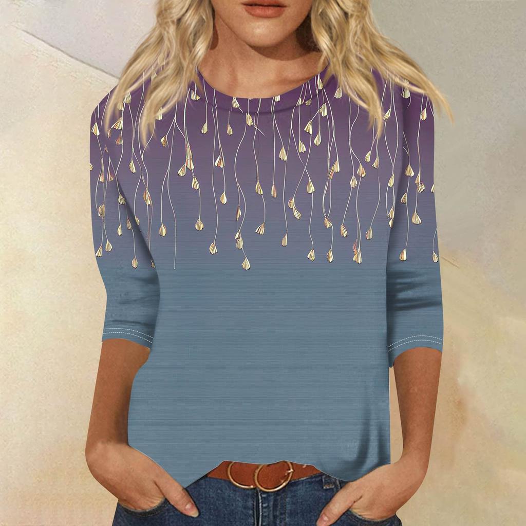 Женская модная повседневная футболка с рукавом семь восьмых, принтом и круглым вырезом