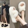 Foreign Trade Large Size Fluffy Slippers Women's 2025 Autumn and Winter New Home Wear Outer Wear Inner Velvet Thick Bottom Cross Fluffy Drag