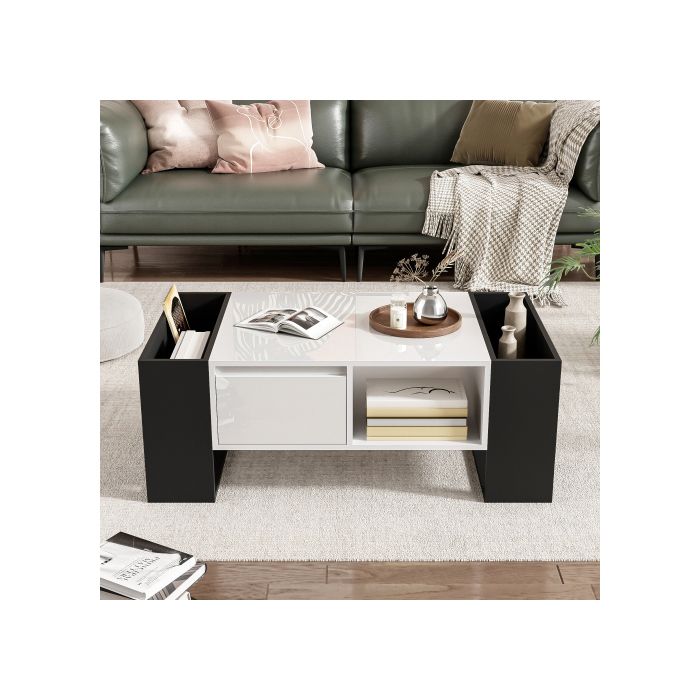 Table basse moderne 105 x 60 x 40,5cm - Design noir et blanc avec finition brillante, tiroir et plateau en bois.