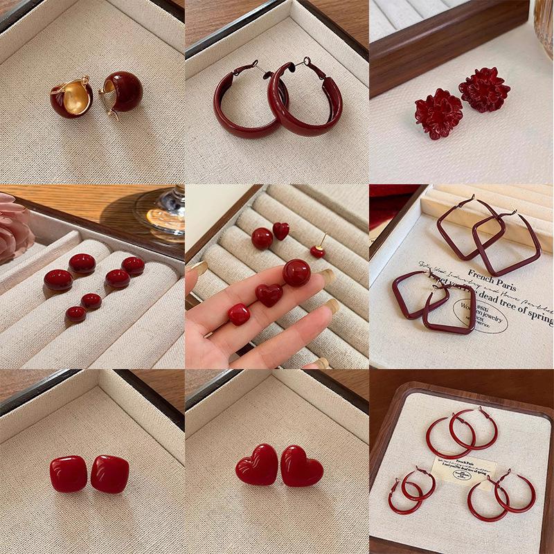 Серьги-иглы из серебра 925 пробы с геометрическим узором красного цвета для женщин — праздничные, сдержанные, идеально подходят для осени и зимы