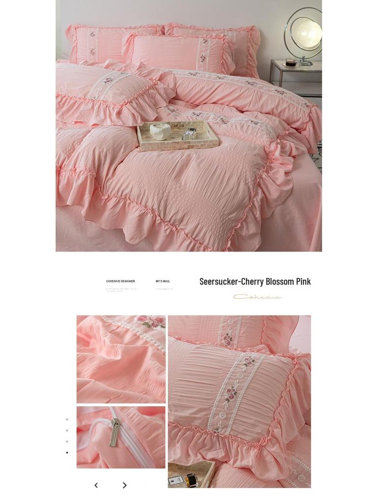 French Seersucker Embroidered Lace Duvet & Sheet Set, 3-Piece Bedding
