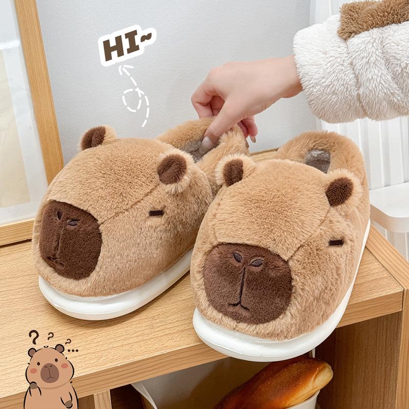Capybara Women's Winter Cotton Slippers - Cute Cartoon Fluffy Heel, Parent-Child Warm Shoes for Kids & Men.