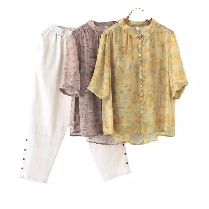 Женская мода хлопок лен 2 шт ретро женский продвинутый принт комплект из двух частей весна лето дамы короткий рукав тонкий костюм