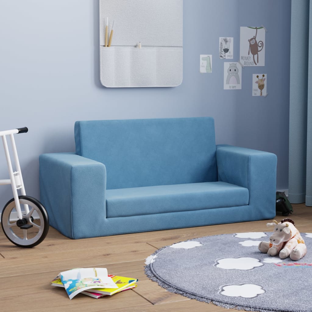 Vidaxl 2-Os. Sofa Dla Dzieci, Rozkładana, Niebieska, Miękki Plusz