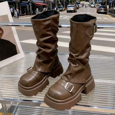 Высокие сапоги Круглый носок Рукав Платформа Пряжка ремня Платформа Противоскользящая Износостойкая Обувь на блочном каблуке