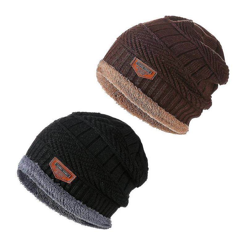 2pcs Beanie Hat Soft Warm Knit Hat Thick Fleece Lined Skull Cap For