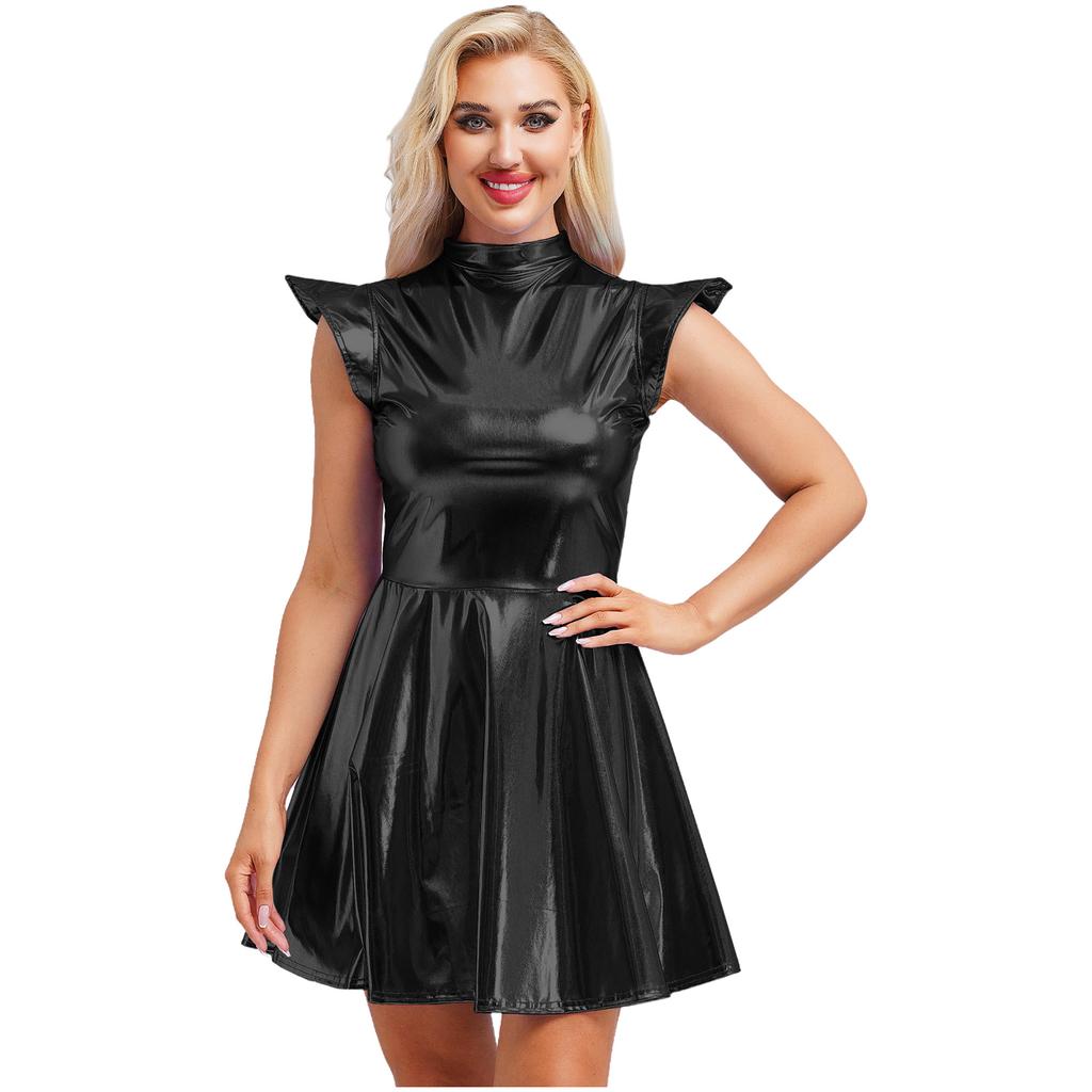 Women's Halloween Party Dress - Shiny Metallic A-line with Mock Neck & Cap Sleeves Fashion Bar Club Wear
