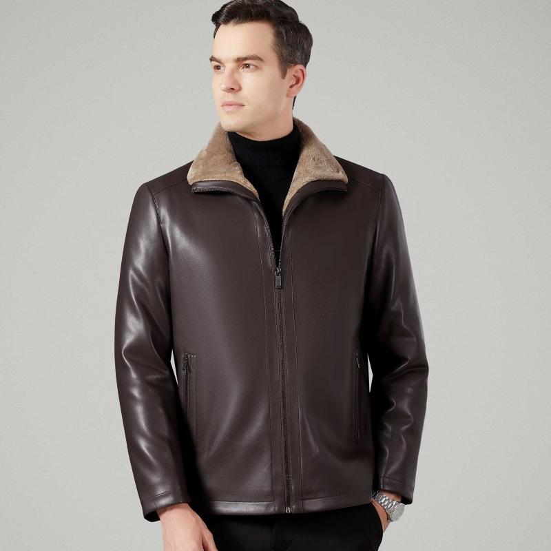 Fur-in-one Leather Jacket for Middle-aged and Elderly Men, Plus Velvet and Thickened Leather Jacket, Winter Genuine Leather Daddy Lapel Jacket