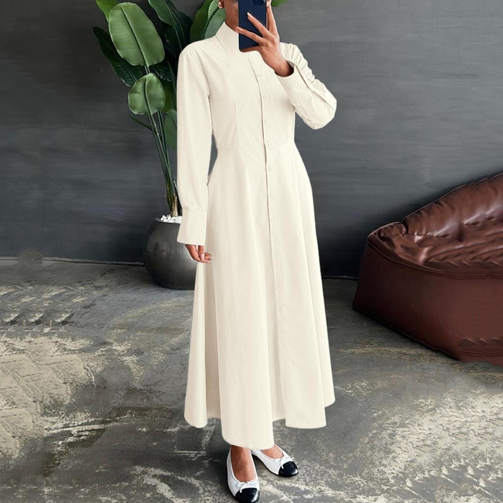 Women's Casual Elegant Lapel Solid Color Straight Long Sleeve Shirt Dress
