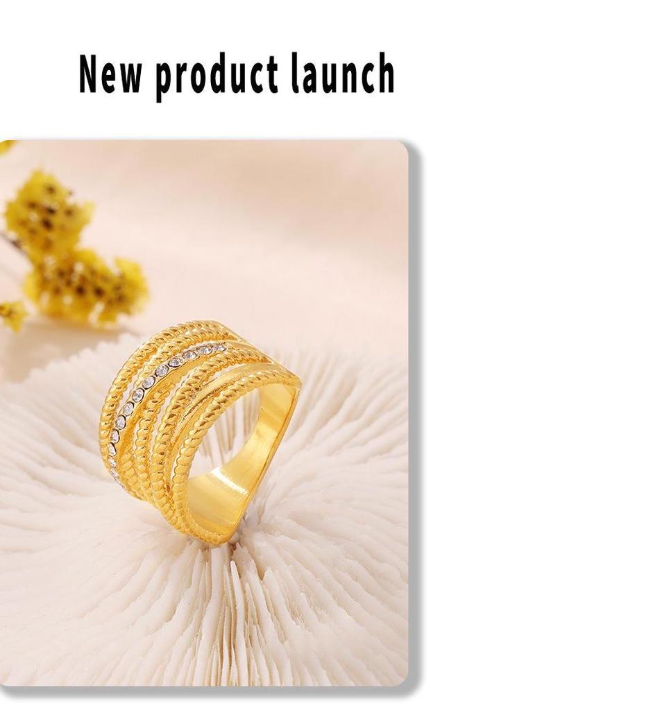 18K Gold-Plated Multi-Layer Twist Cross Diamond Hollow Ring