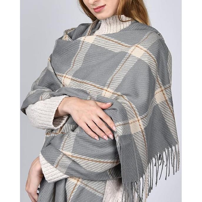 Winter Scarf for Women Shawl Cashmere Feel Tassel Plaid Large Oversized Scarves