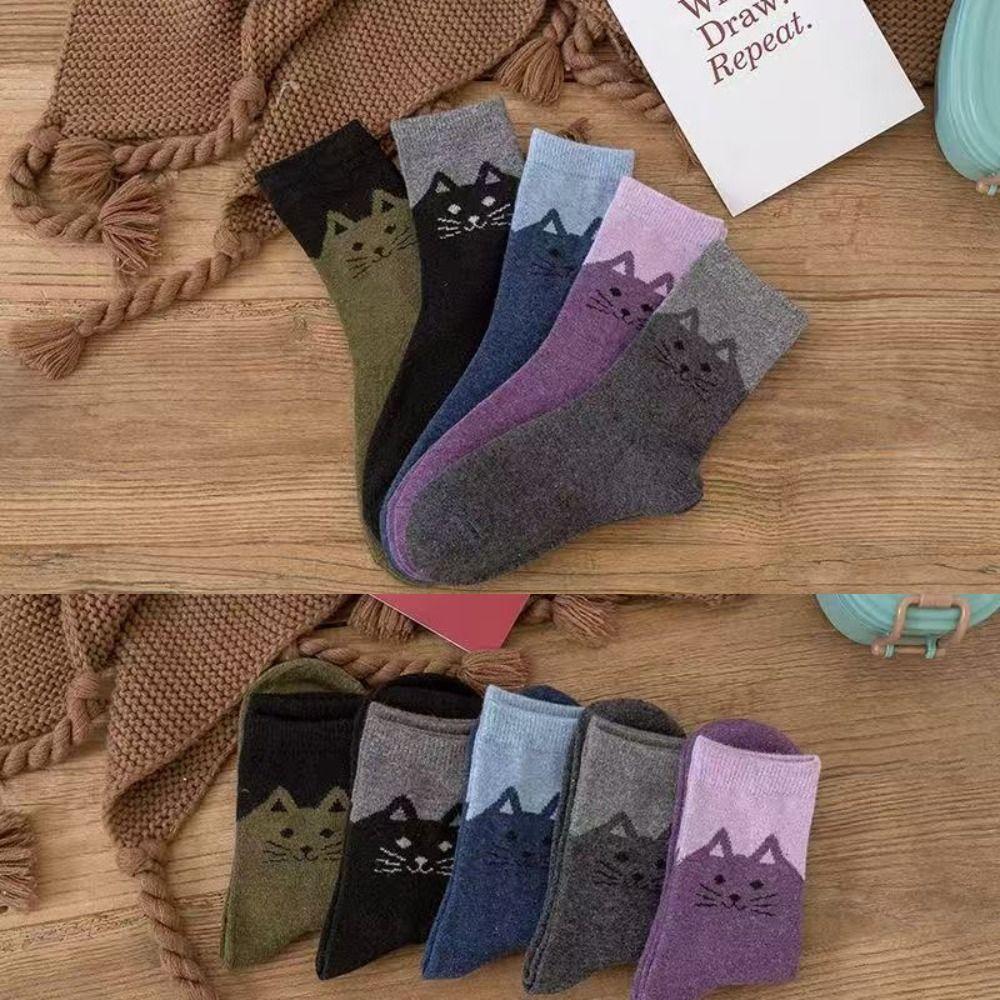 5 Pairs Elastic Cuff Mid Calf Socks Soft Breathable Cartoon Cat Socks Street Matching