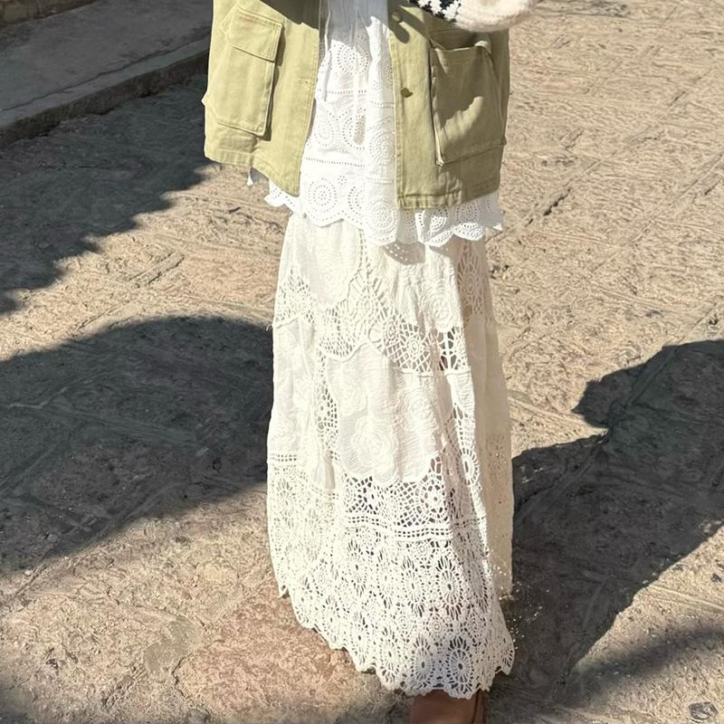 DIMANAF 2025 Новая праздничная юбка Женская кружевная длинная однотонная с вырезами Сексуальная с вырезами Летний стиль Свободное базовое платье