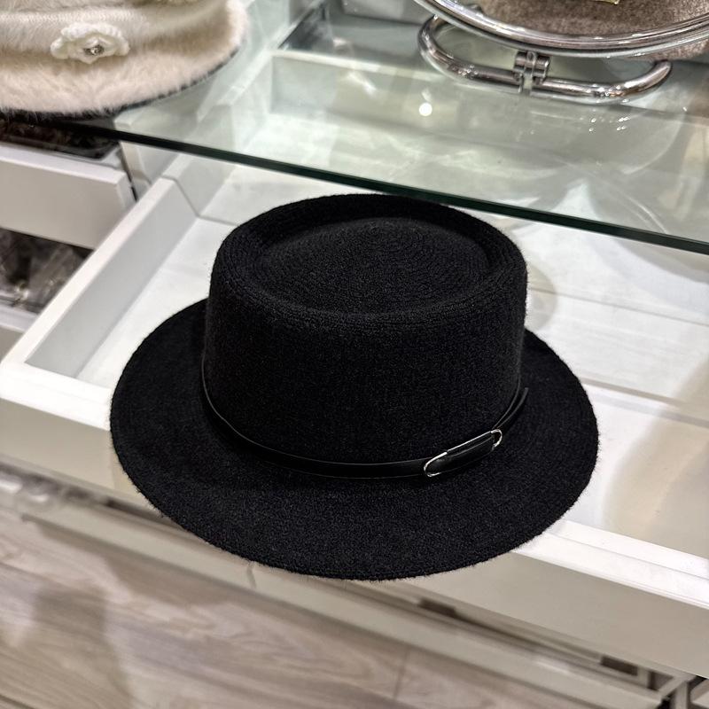 Belt buckle Flat top Wide brim British European and American style Autumn and winter new men's and women's retro wool woolen black jazz hat Top hat