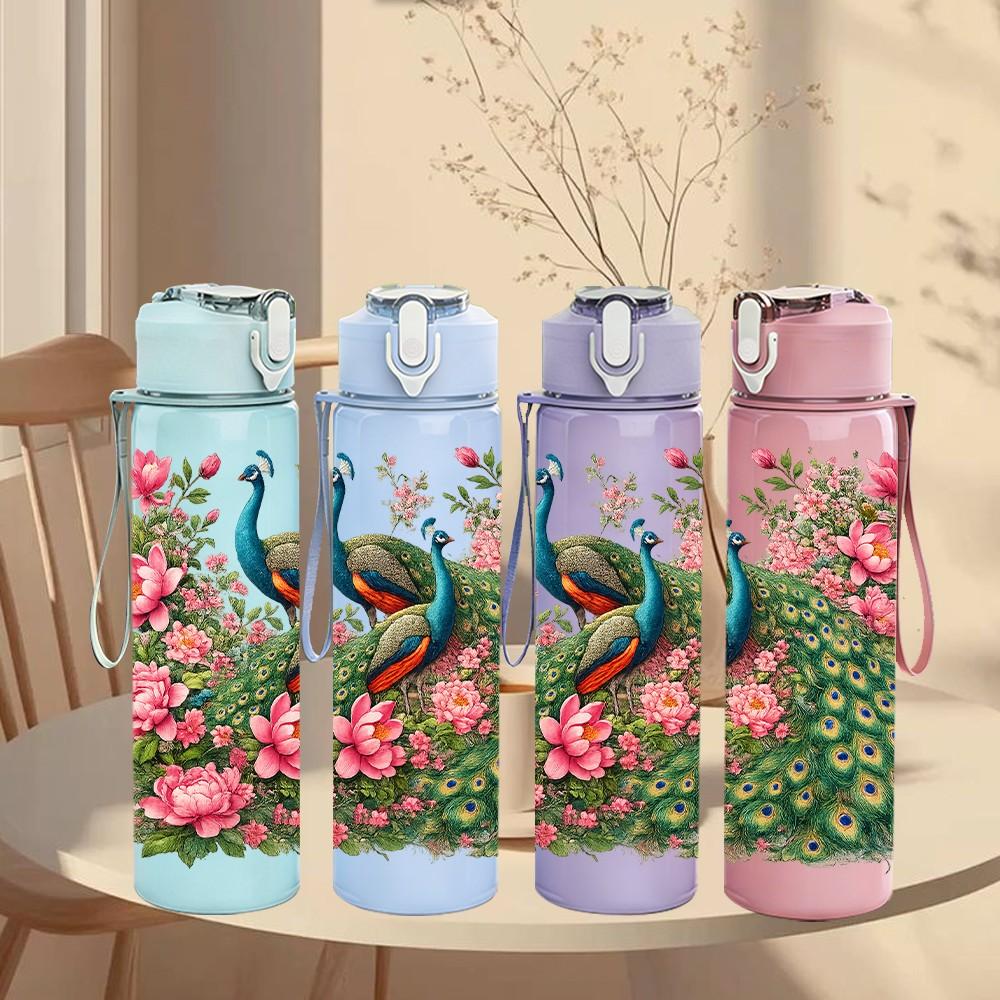 1PC Peacock Tropical Flower 750ml Color Plastic Sports Water Bottle Leakproof Flip Straw Lid Suitable for Sports Office Home Use