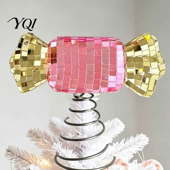 Modern Christmas Tree Accessories Topper, Pink Gold Candy Top with Spring Base, Mosaic Sparkling Mirror Star Shiny Ornament for Holiday Tree, Glitter