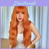 Orange Wavy Long Wig With Airy Bangs For Cosplay And Fashion Enthusiasts