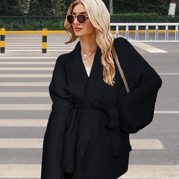 Женская куртка с V-образным вырезом, однотонная, темпераментная, на весну и осень, зимний свободный, повседневный, элегантный кардиган с поясом