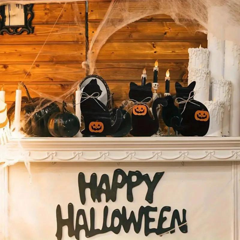 Halloween Black Cat Wood Table Cards Tiered Tray Decorations Rustic Halloween Tabletop Block Signs Fall Centerpieces Home Desk