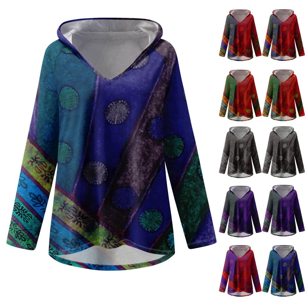 Women's V-neck Hooded Loose Long-sleeved Tops Casual Tops Home Leisure Pajamas Tops