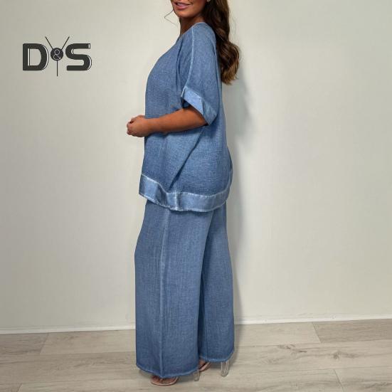 Женский повседневный комплект из двух частей, большой размер, топ с V-образным вырезом и короткими рукавами, широкие брюки, летний свободный комплект для отдыха