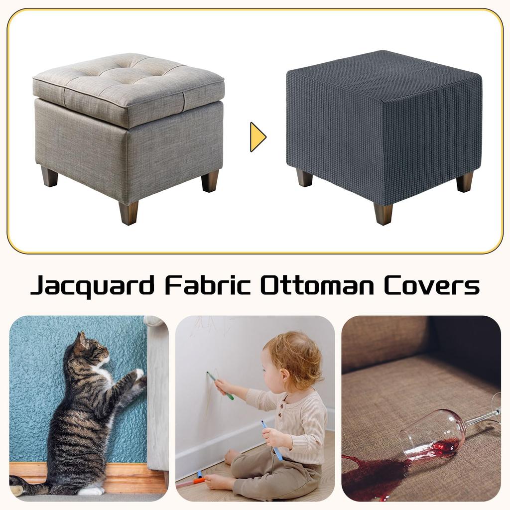 uxcell Square Jacquard Ottoman Slipcover with Elastic Stretch Footrest Stool Cover for Living Room Furniture Protector Medium Bottom, (Light Gray,