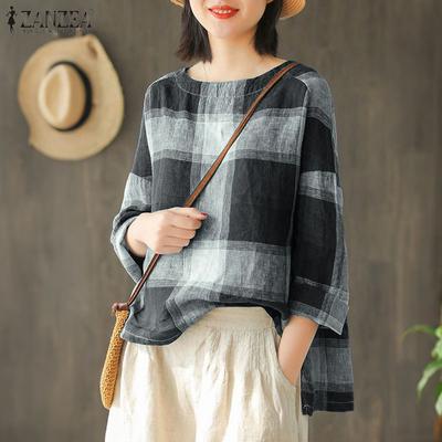 Женские повседневные футболки с круглым вырезом, клетчатым принтом и длинными рукавами