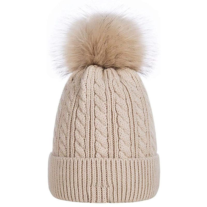 Thick Soft Warm Fleece Lining Hat Fashion Hairball Twist Wool Knitted Hat Ladies