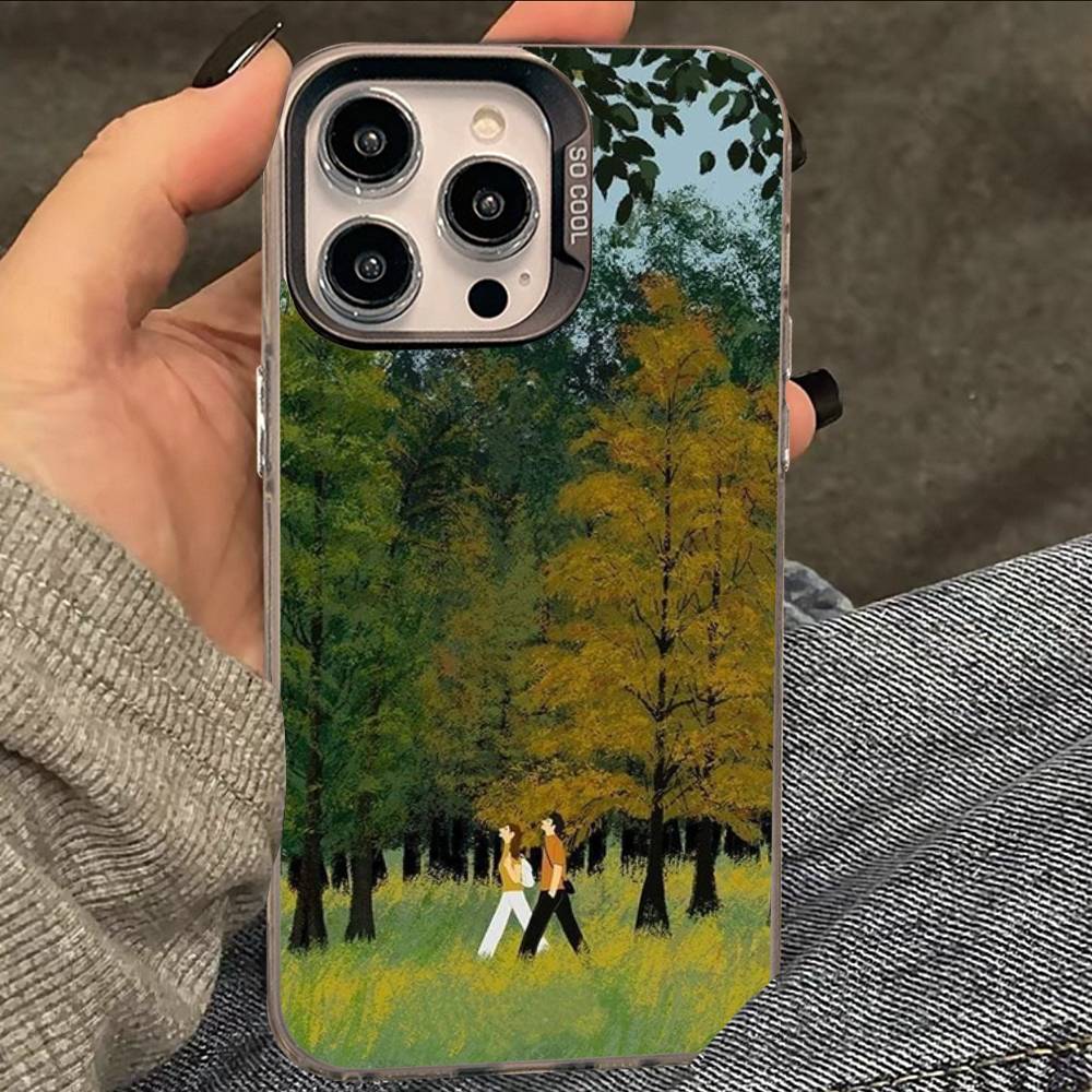 Cartoon Lawn Suburban Relaxation Silver Plated Inside Phone Case For iPhone 17 16 15 14 11 12 13 Pro Max Plus X XR XS Max Color